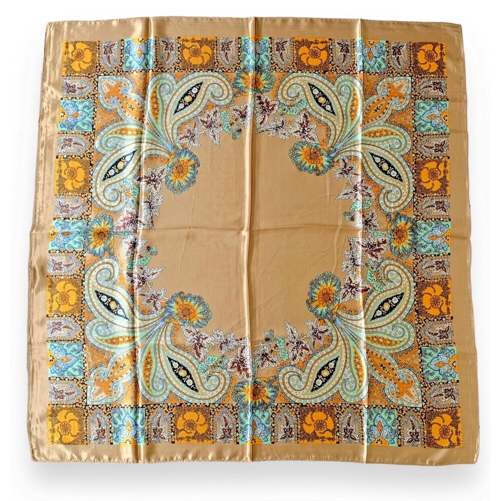 Gold Scarf Unisex Vtg Flower Beige Headscarf Tied 35" X 35" In Gift